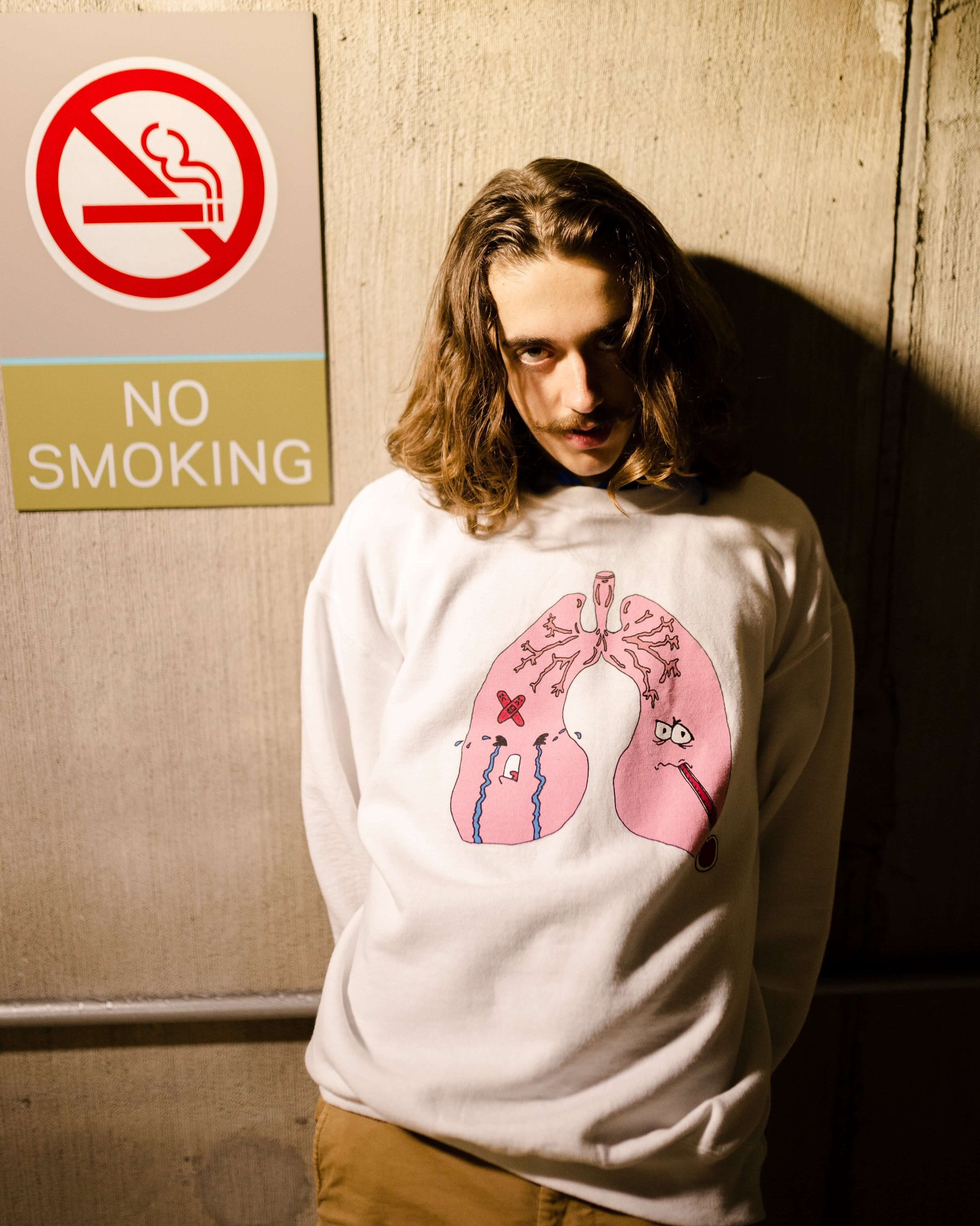 Model wearing "Anxiety" White Crewneck Sweater