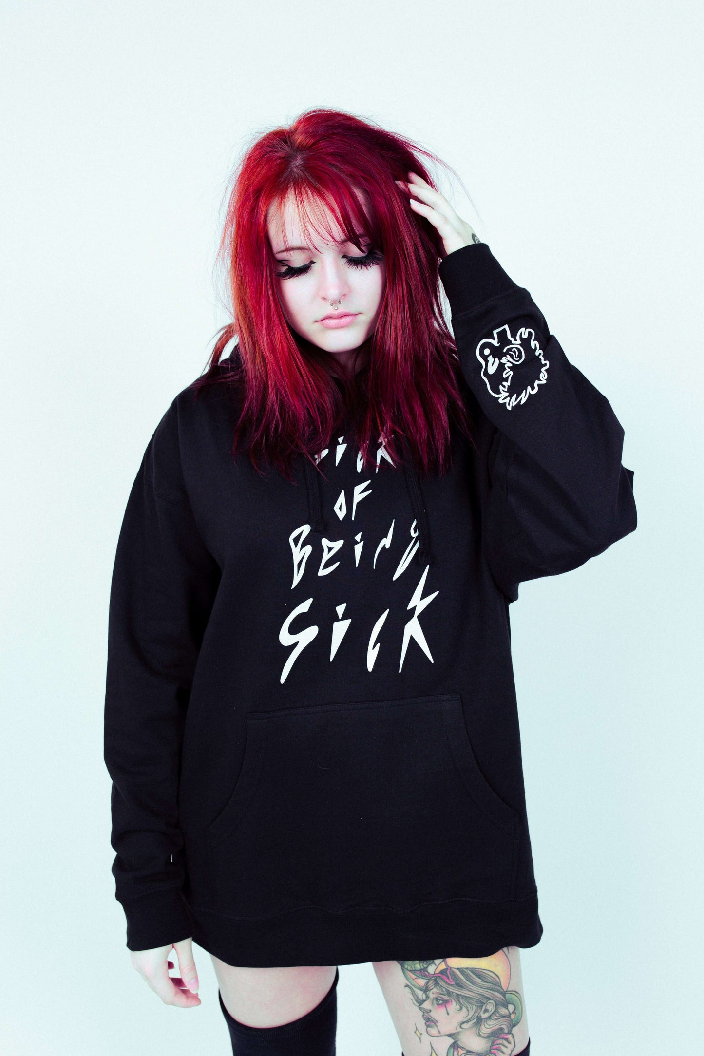 Model Picture wearing "Sick of Being Sick" Black Hoodie