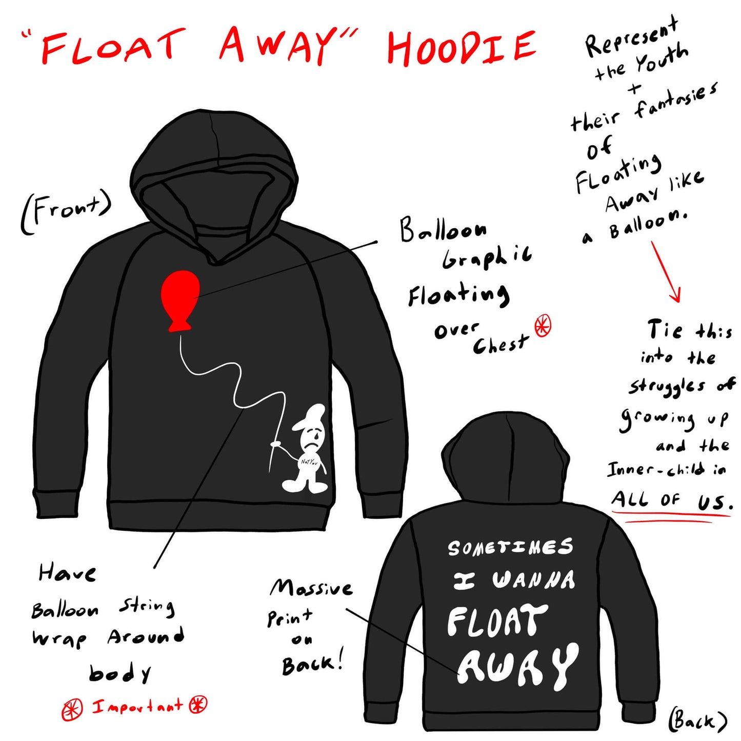 "Float Away" Black Hoodie Drawing With Features