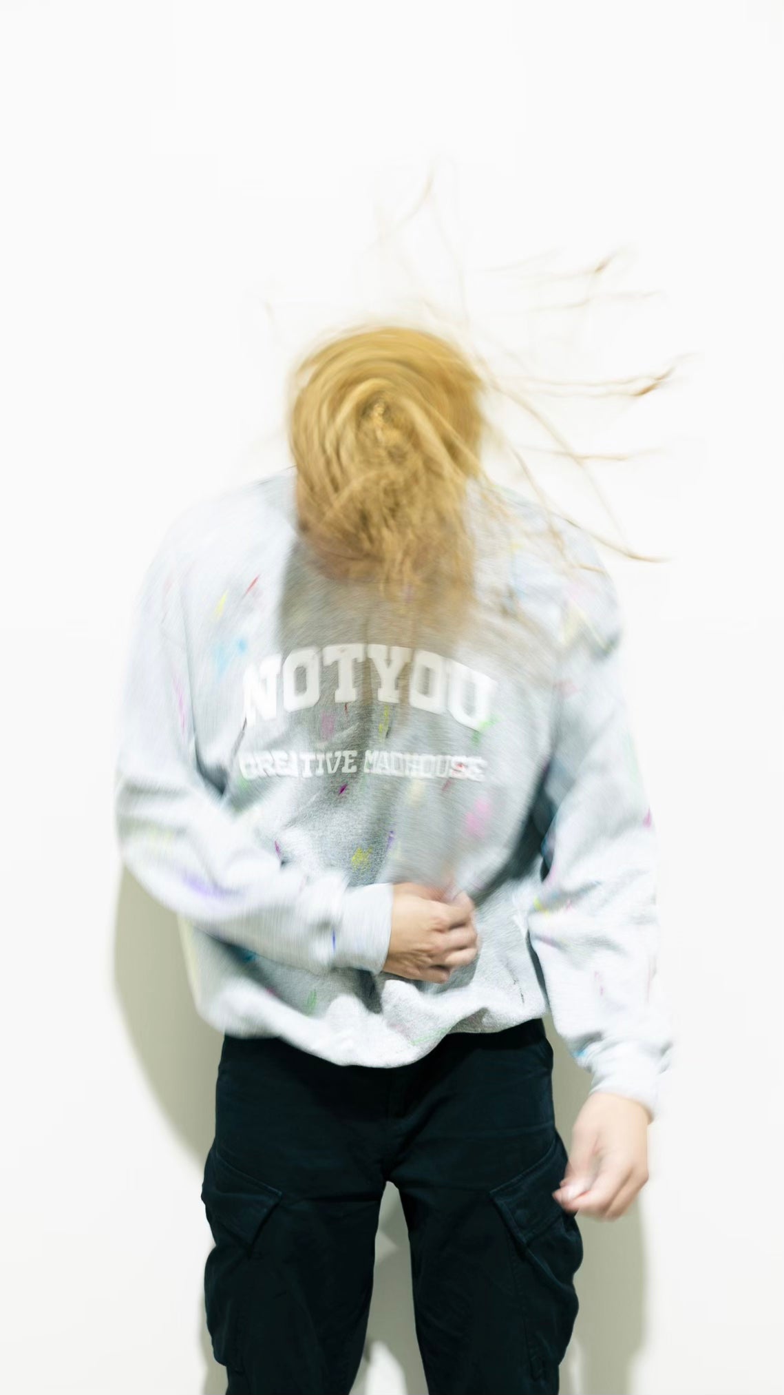 Model wearing "Creative MadHouse" White Gray Sweater Crewneck